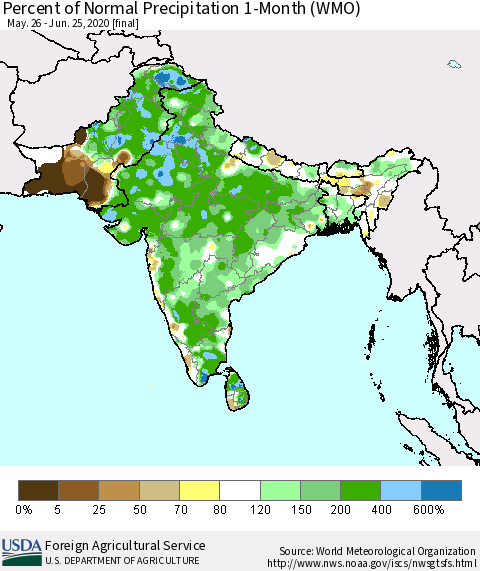 Southern Asia Percent of Normal Precipitation 1-Month (WMO) Thematic Map For 5/26/2020 - 6/25/2020