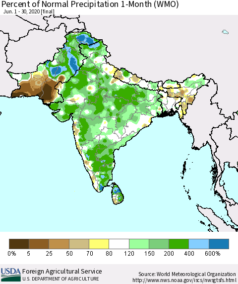 Southern Asia Percent of Normal Precipitation 1-Month (WMO) Thematic Map For 6/1/2020 - 6/30/2020