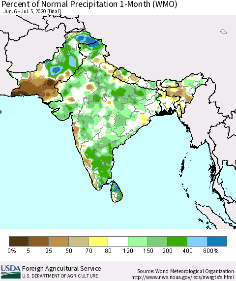 Southern Asia Percent of Normal Precipitation 1-Month (WMO) Thematic Map For 6/6/2020 - 7/5/2020