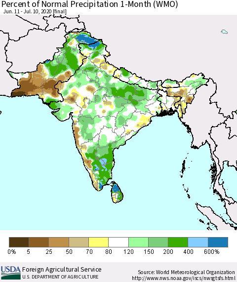 Southern Asia Percent of Normal Precipitation 1-Month (WMO) Thematic Map For 6/11/2020 - 7/10/2020