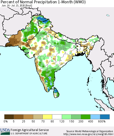 Southern Asia Percent of Normal Precipitation 1-Month (WMO) Thematic Map For 6/16/2020 - 7/15/2020