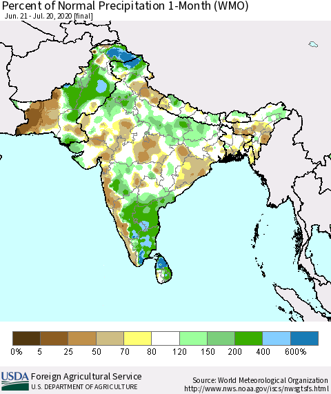 Southern Asia Percent of Normal Precipitation 1-Month (WMO) Thematic Map For 6/21/2020 - 7/20/2020
