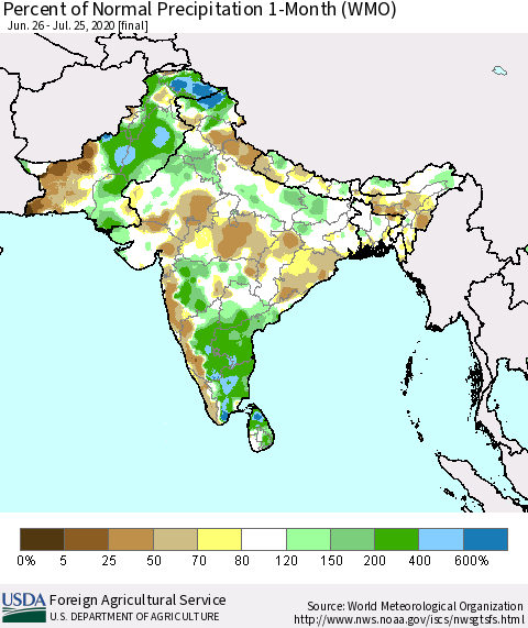 Southern Asia Percent of Normal Precipitation 1-Month (WMO) Thematic Map For 6/26/2020 - 7/25/2020