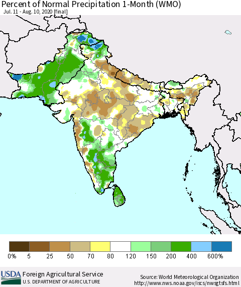 Southern Asia Percent of Normal Precipitation 1-Month (WMO) Thematic Map For 7/11/2020 - 8/10/2020