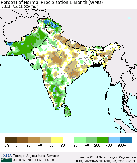 Southern Asia Percent of Normal Precipitation 1-Month (WMO) Thematic Map For 7/16/2020 - 8/15/2020
