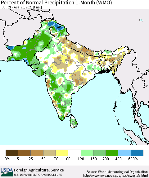 Southern Asia Percent of Normal Precipitation 1-Month (WMO) Thematic Map For 7/21/2020 - 8/20/2020
