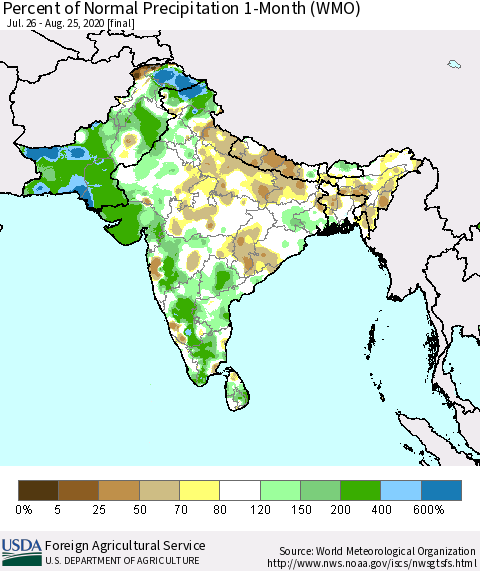 Southern Asia Percent of Normal Precipitation 1-Month (WMO) Thematic Map For 7/26/2020 - 8/25/2020