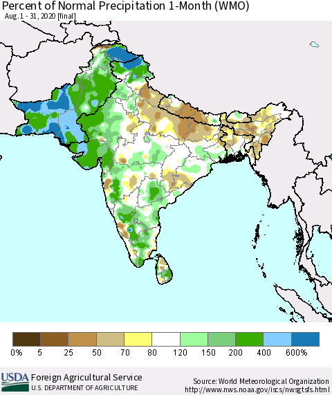 Southern Asia Percent of Normal Precipitation 1-Month (WMO) Thematic Map For 8/1/2020 - 8/31/2020
