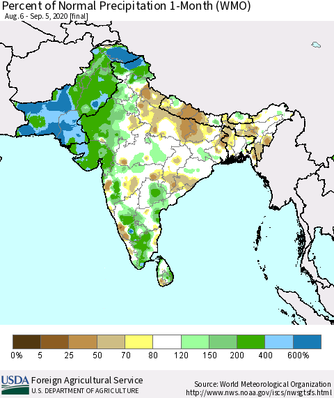 Southern Asia Percent of Normal Precipitation 1-Month (WMO) Thematic Map For 8/6/2020 - 9/5/2020