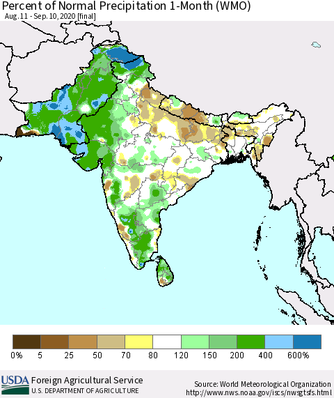 Southern Asia Percent of Normal Precipitation 1-Month (WMO) Thematic Map For 8/11/2020 - 9/10/2020