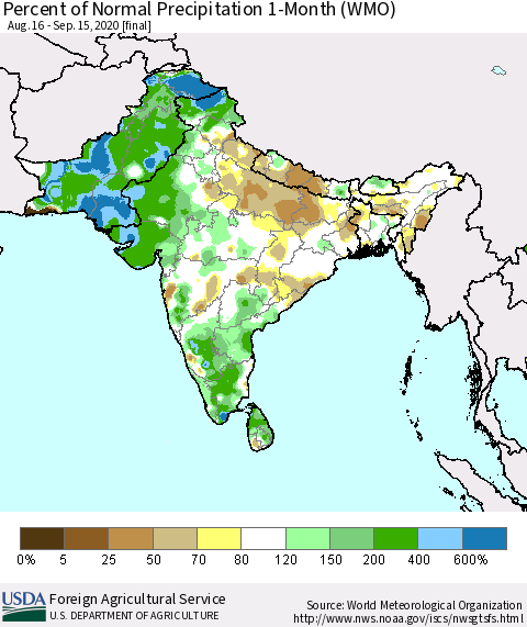 Southern Asia Percent of Normal Precipitation 1-Month (WMO) Thematic Map For 8/16/2020 - 9/15/2020