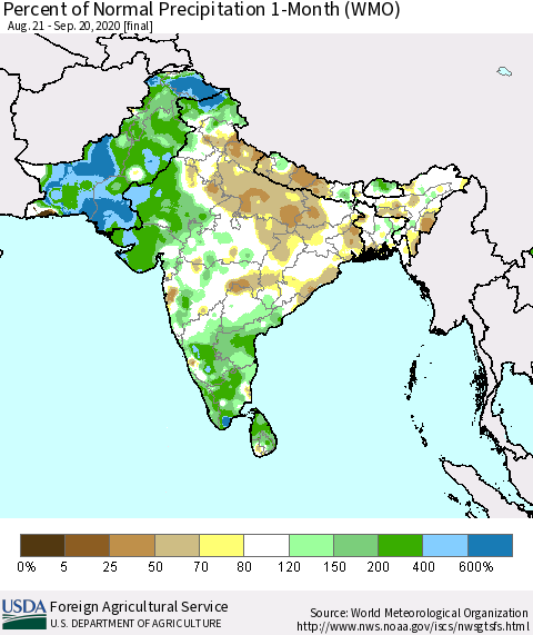 Southern Asia Percent of Normal Precipitation 1-Month (WMO) Thematic Map For 8/21/2020 - 9/20/2020