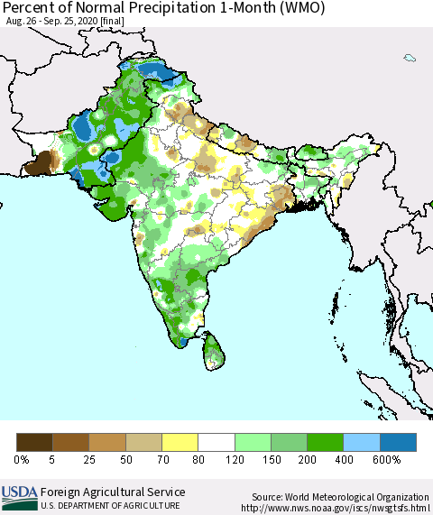 Southern Asia Percent of Normal Precipitation 1-Month (WMO) Thematic Map For 8/26/2020 - 9/25/2020