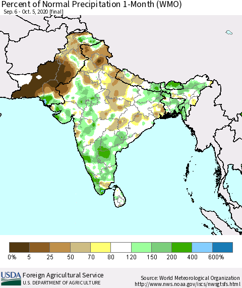 Southern Asia Percent of Normal Precipitation 1-Month (WMO) Thematic Map For 9/6/2020 - 10/5/2020