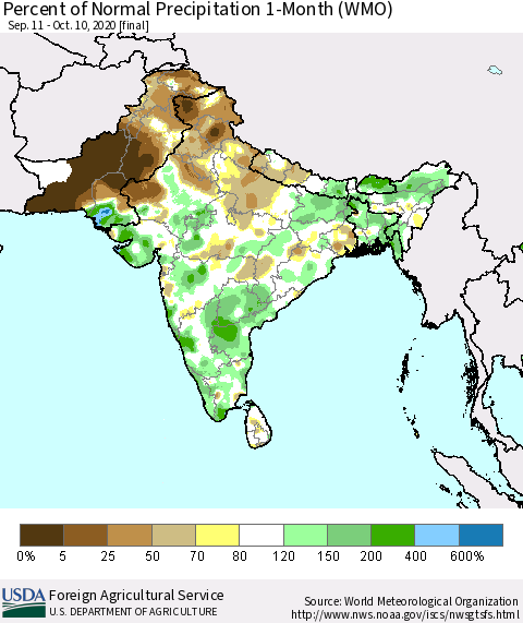 Southern Asia Percent of Normal Precipitation 1-Month (WMO) Thematic Map For 9/11/2020 - 10/10/2020