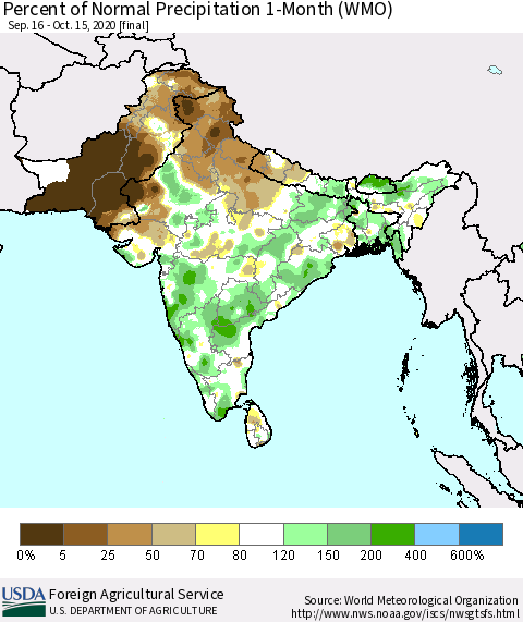 Southern Asia Percent of Normal Precipitation 1-Month (WMO) Thematic Map For 9/16/2020 - 10/15/2020