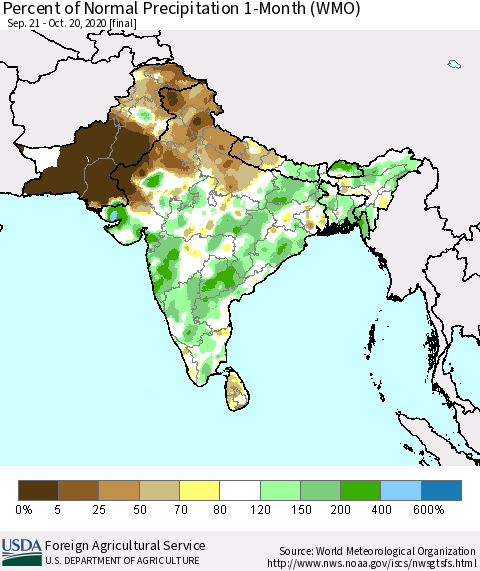 Southern Asia Percent of Normal Precipitation 1-Month (WMO) Thematic Map For 9/21/2020 - 10/20/2020
