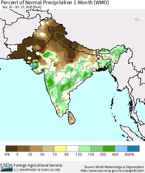 Southern Asia Percent of Normal Precipitation 1-Month (WMO) Thematic Map For 9/26/2020 - 10/25/2020