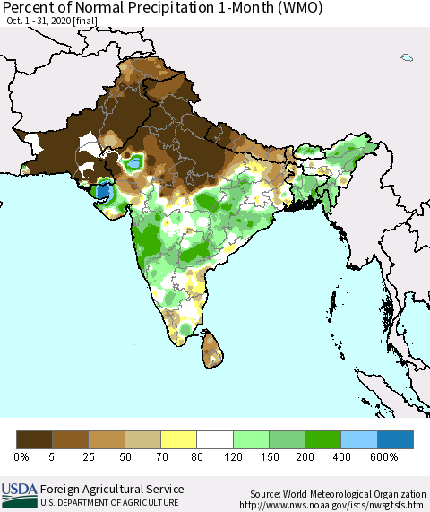 Southern Asia Percent of Normal Precipitation 1-Month (WMO) Thematic Map For 10/1/2020 - 10/31/2020