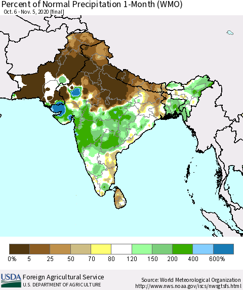 Southern Asia Percent of Normal Precipitation 1-Month (WMO) Thematic Map For 10/6/2020 - 11/5/2020