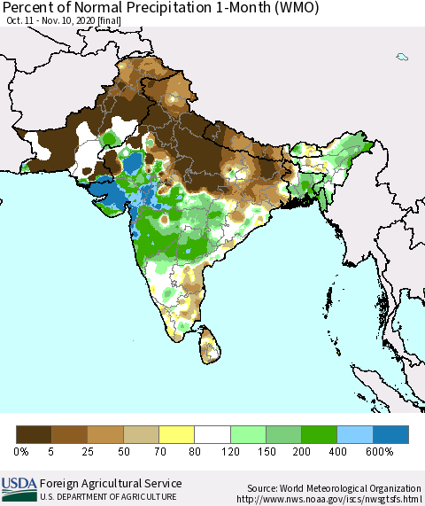 Southern Asia Percent of Normal Precipitation 1-Month (WMO) Thematic Map For 10/11/2020 - 11/10/2020