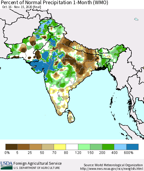 Southern Asia Percent of Normal Precipitation 1-Month (WMO) Thematic Map For 10/16/2020 - 11/15/2020