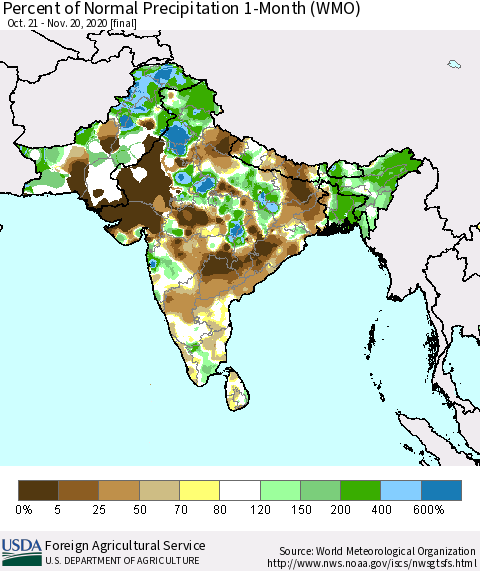 Southern Asia Percent of Normal Precipitation 1-Month (WMO) Thematic Map For 10/21/2020 - 11/20/2020