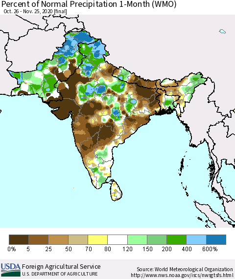 Southern Asia Percent of Normal Precipitation 1-Month (WMO) Thematic Map For 10/26/2020 - 11/25/2020