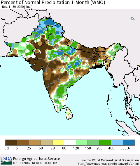 Southern Asia Percent of Normal Precipitation 1-Month (WMO) Thematic Map For 11/1/2020 - 11/30/2020
