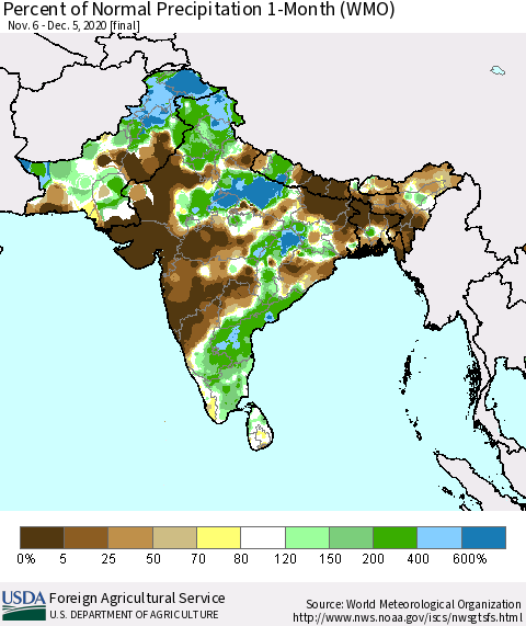 Southern Asia Percent of Normal Precipitation 1-Month (WMO) Thematic Map For 11/6/2020 - 12/5/2020