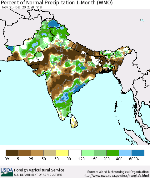 Southern Asia Percent of Normal Precipitation 1-Month (WMO) Thematic Map For 11/21/2020 - 12/20/2020