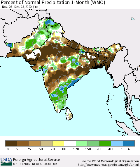 Southern Asia Percent of Normal Precipitation 1-Month (WMO) Thematic Map For 11/26/2020 - 12/25/2020
