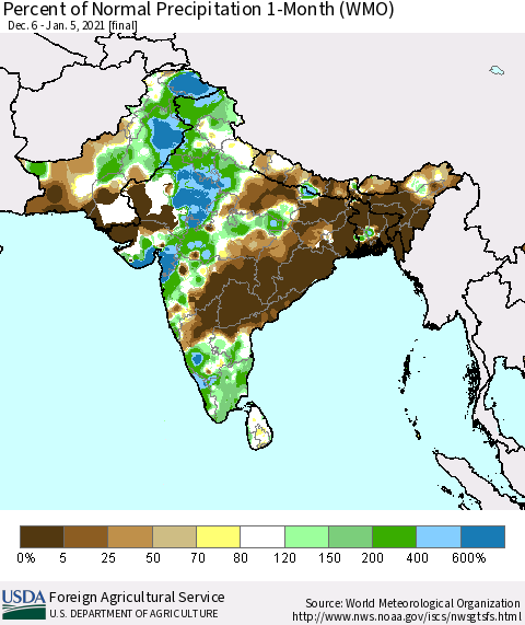 Southern Asia Percent of Normal Precipitation 1-Month (WMO) Thematic Map For 12/6/2020 - 1/5/2021
