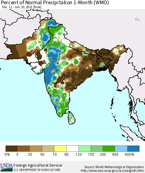 Southern Asia Percent of Normal Precipitation 1-Month (WMO) Thematic Map For 12/11/2020 - 1/10/2021