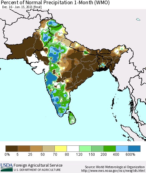 Southern Asia Percent of Normal Precipitation 1-Month (WMO) Thematic Map For 12/16/2020 - 1/15/2021
