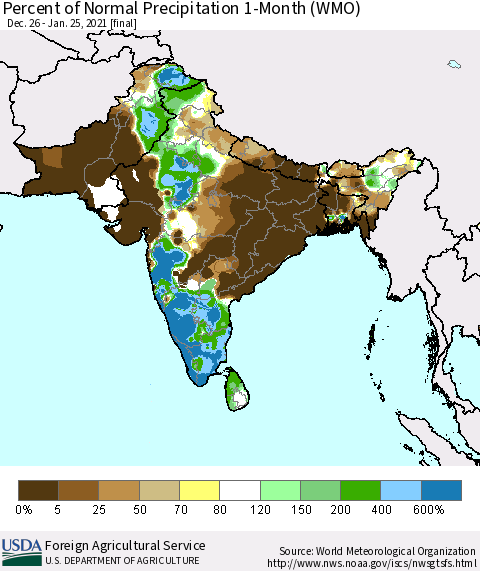 Southern Asia Percent of Normal Precipitation 1-Month (WMO) Thematic Map For 12/26/2020 - 1/25/2021