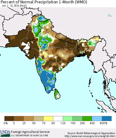 Southern Asia Percent of Normal Precipitation 1-Month (WMO) Thematic Map For 1/1/2021 - 1/31/2021