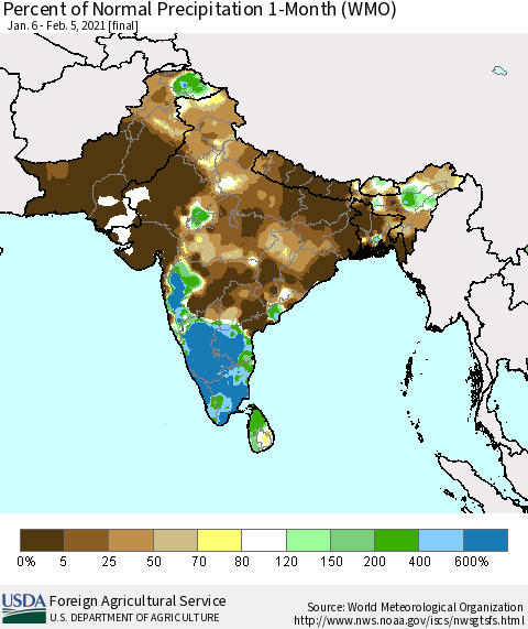 Southern Asia Percent of Normal Precipitation 1-Month (WMO) Thematic Map For 1/6/2021 - 2/5/2021