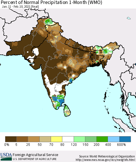 Southern Asia Percent of Normal Precipitation 1-Month (WMO) Thematic Map For 1/11/2021 - 2/10/2021