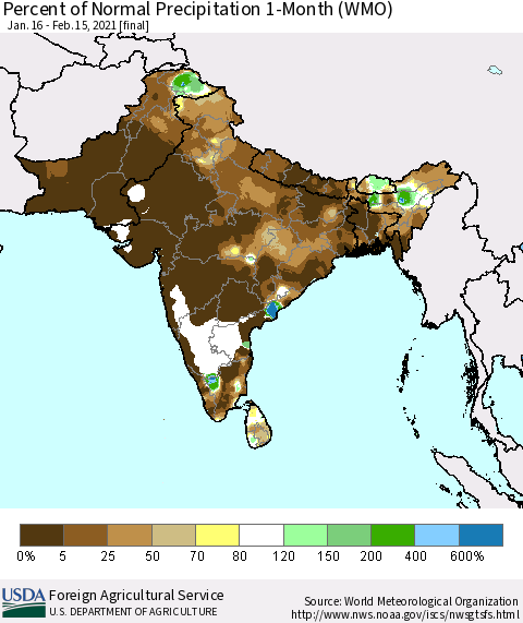 Southern Asia Percent of Normal Precipitation 1-Month (WMO) Thematic Map For 1/16/2021 - 2/15/2021