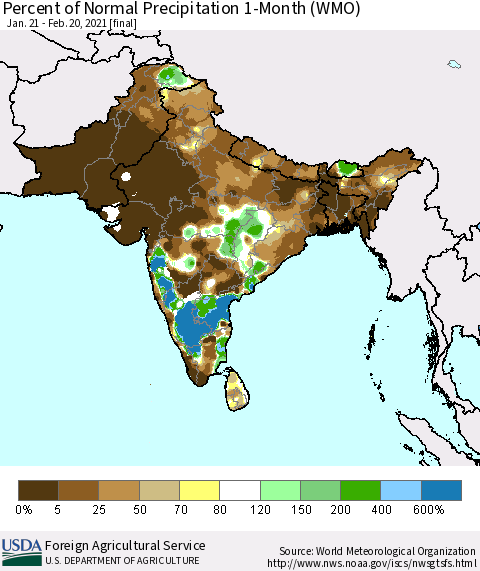 Southern Asia Percent of Normal Precipitation 1-Month (WMO) Thematic Map For 1/21/2021 - 2/20/2021
