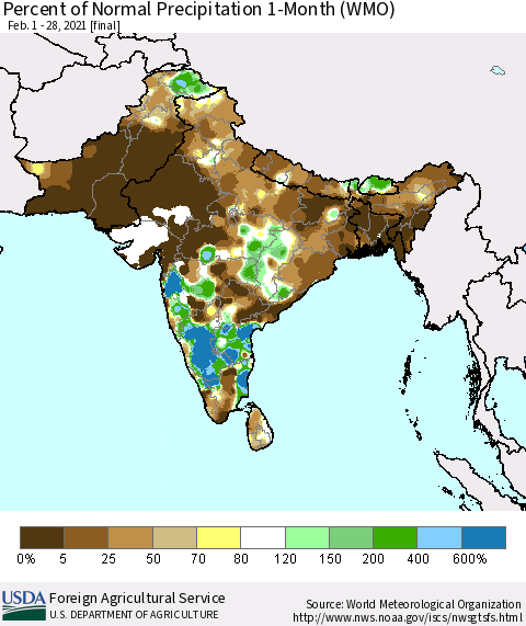 Southern Asia Percent of Normal Precipitation 1-Month (WMO) Thematic Map For 2/1/2021 - 2/28/2021