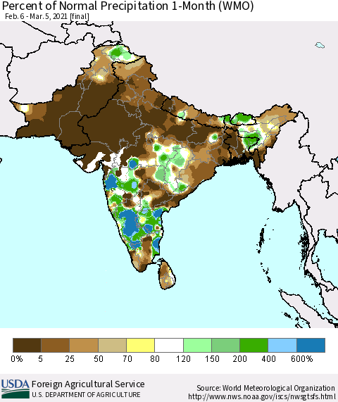 Southern Asia Percent of Normal Precipitation 1-Month (WMO) Thematic Map For 2/6/2021 - 3/5/2021