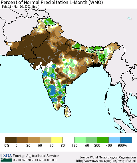 Southern Asia Percent of Normal Precipitation 1-Month (WMO) Thematic Map For 2/11/2021 - 3/10/2021