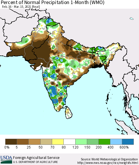 Southern Asia Percent of Normal Precipitation 1-Month (WMO) Thematic Map For 2/16/2021 - 3/15/2021
