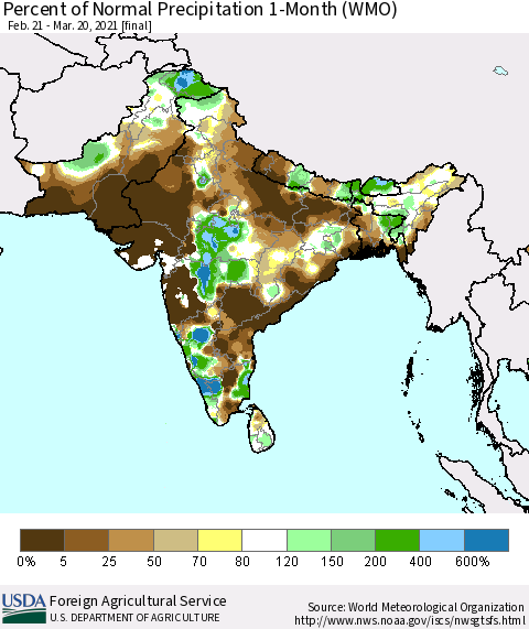 Southern Asia Percent of Normal Precipitation 1-Month (WMO) Thematic Map For 2/21/2021 - 3/20/2021