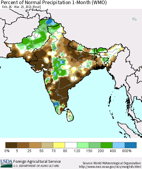 Southern Asia Percent of Normal Precipitation 1-Month (WMO) Thematic Map For 2/26/2021 - 3/25/2021