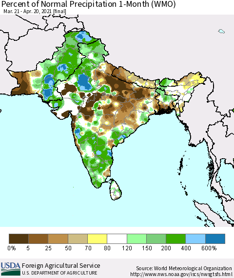 Southern Asia Percent of Normal Precipitation 1-Month (WMO) Thematic Map For 3/21/2021 - 4/20/2021