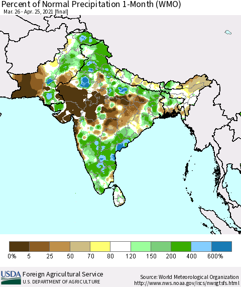 Southern Asia Percent of Normal Precipitation 1-Month (WMO) Thematic Map For 3/26/2021 - 4/25/2021