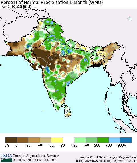 Southern Asia Percent of Normal Precipitation 1-Month (WMO) Thematic Map For 4/1/2021 - 4/30/2021